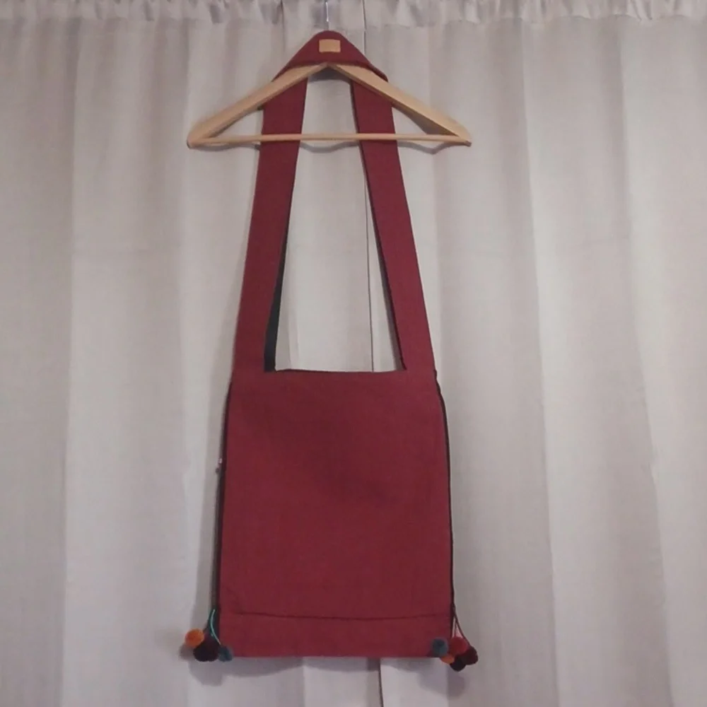 Boho Burgundy Flame Motif Textile Shoulder Bag, Festival